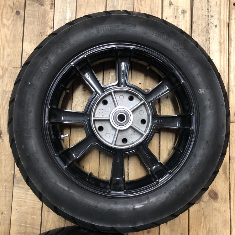 Pair of Indian Scout Bobber wheels with tyres